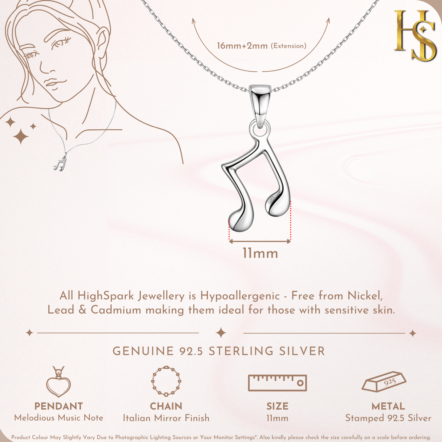 Music Note Pendant in 92.5 Sterling Silver For Women