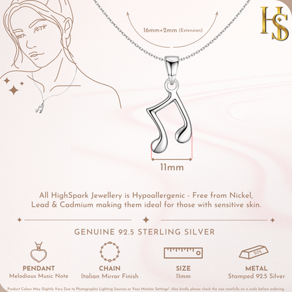 Music Note Pendant in 92.5 Sterling Silver For Women