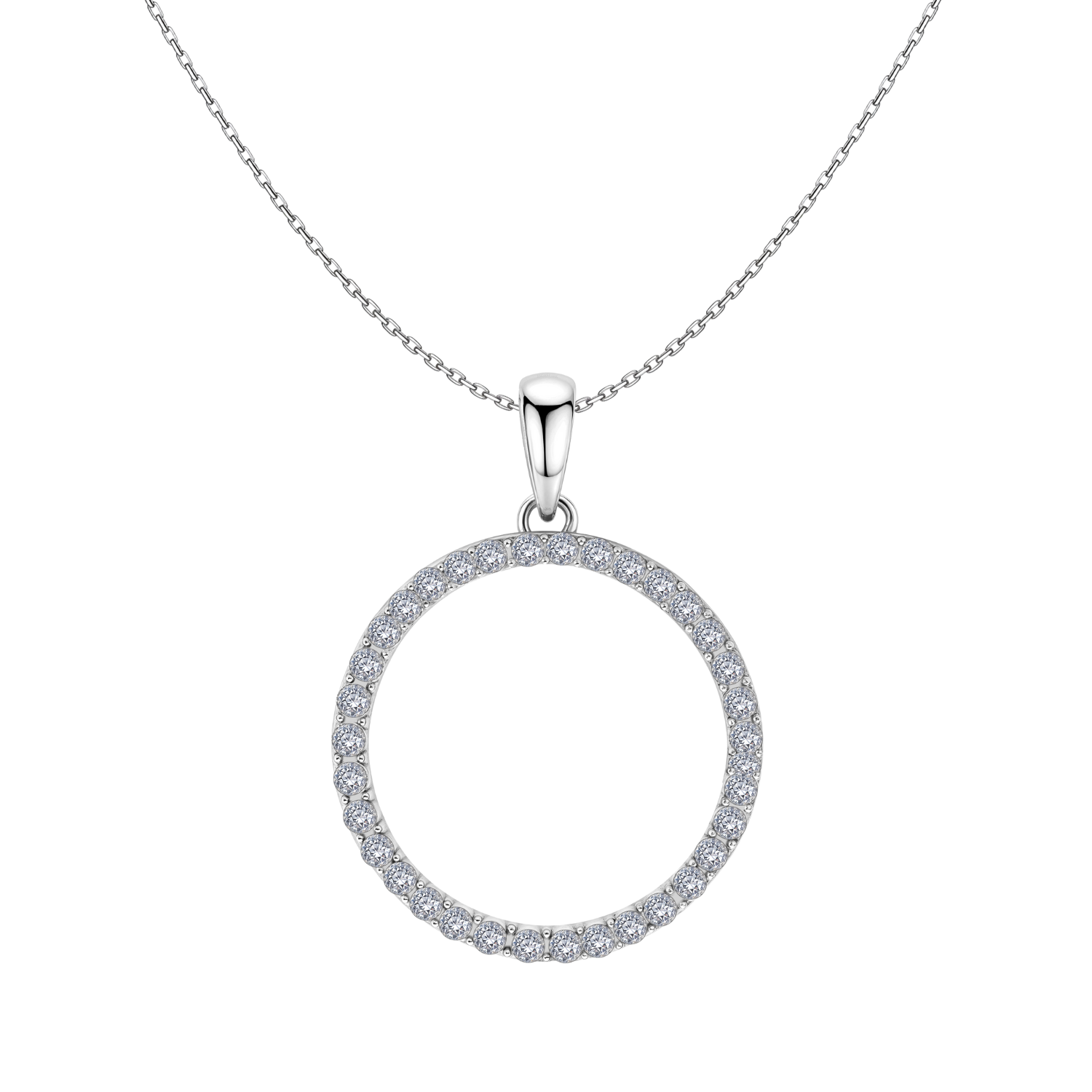 A sterling silver pendant necklace with a circular motif lined with prong-set American diamonds, shown on a plain white background.
