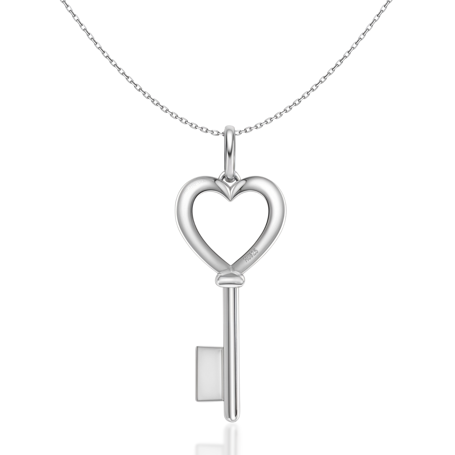 A sterling silver pendant necklace featuring a key with an open heart-shaped top, shown on a plain white background.