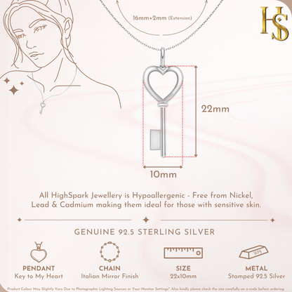 Heart Key Pendant in 92.5 Sterling Silver For Women