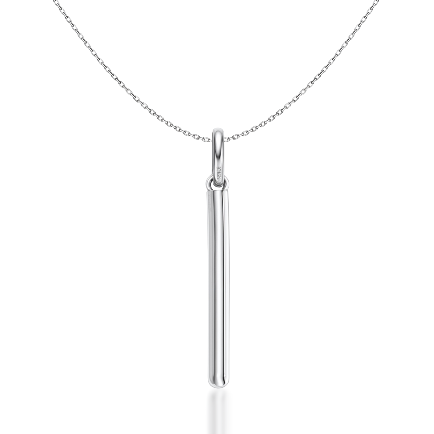 A minimalist pendant necklace with a long, polished vertical bar in sterling silver on a fine link chain, shot on a white background.