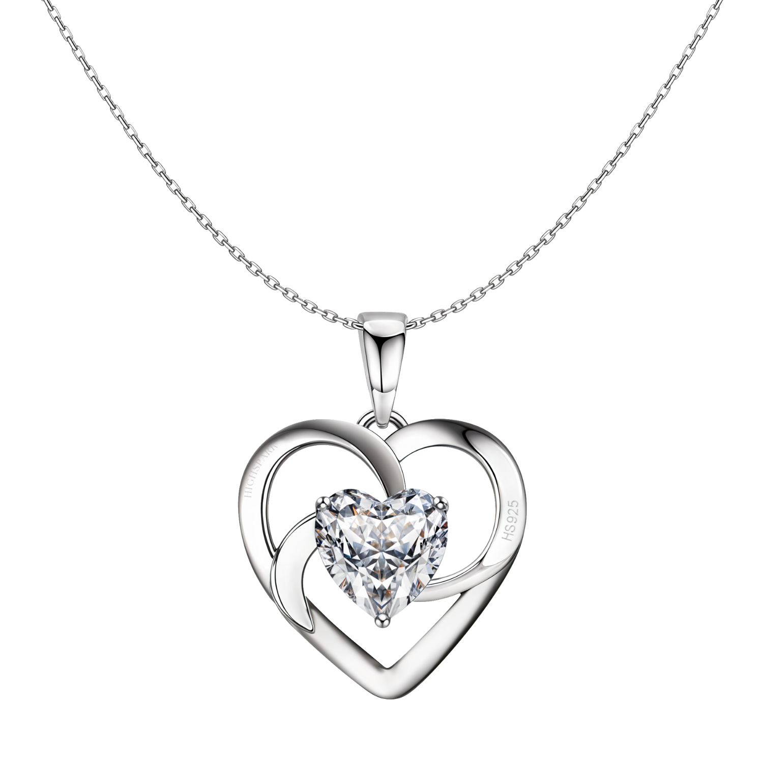A sterling silver pendant necklace with an open heart frame holding a large, heart-cut American diamond in a three-prong setting.