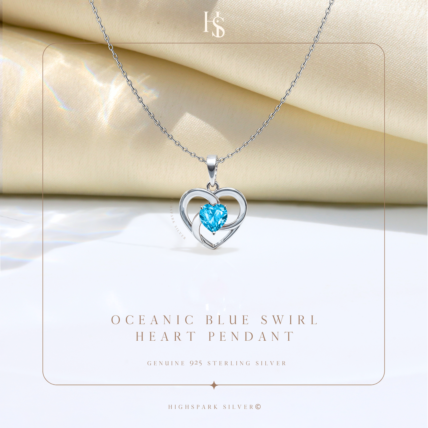 Oceanic Blue Swirl Heart Pendant in 925 Sterling Silver for Women with Brilliance Sparkling Zirconia
