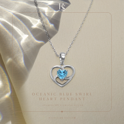 Oceanic Blue Swirl Heart Pendant in 925 Sterling Silver for Women with Brilliance Sparkling Zirconia