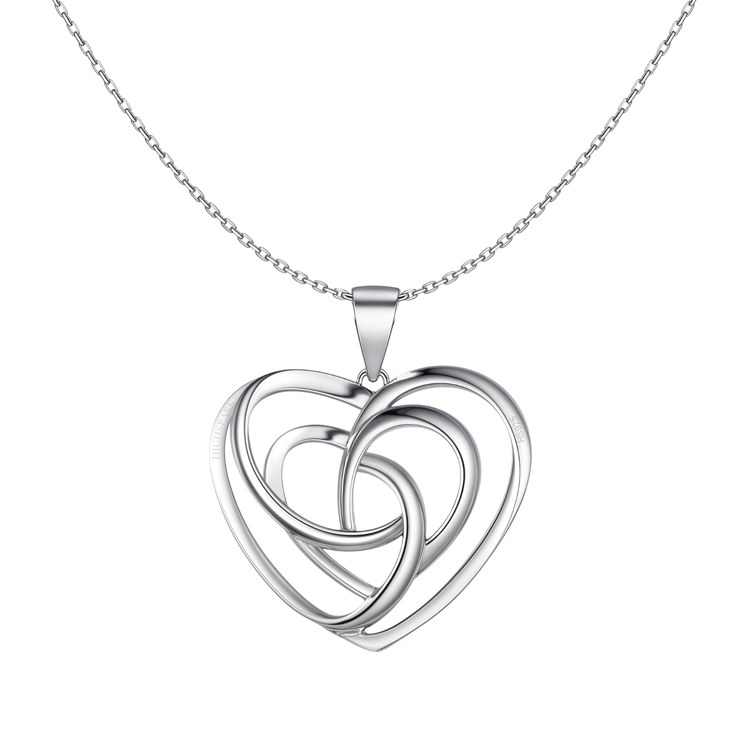 A sterling silver pendant necklace with an openwork heart design featuring an interlocking rose knot on a plain white background.