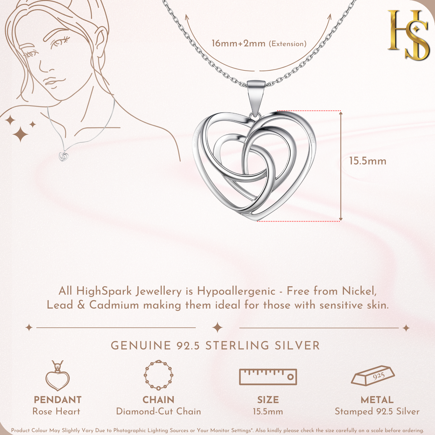Romantic Rose Heart Pendant  in 925 Sterling Silver for Women