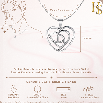 Romantic Rose Heart Pendant  in 925 Sterling Silver for Women