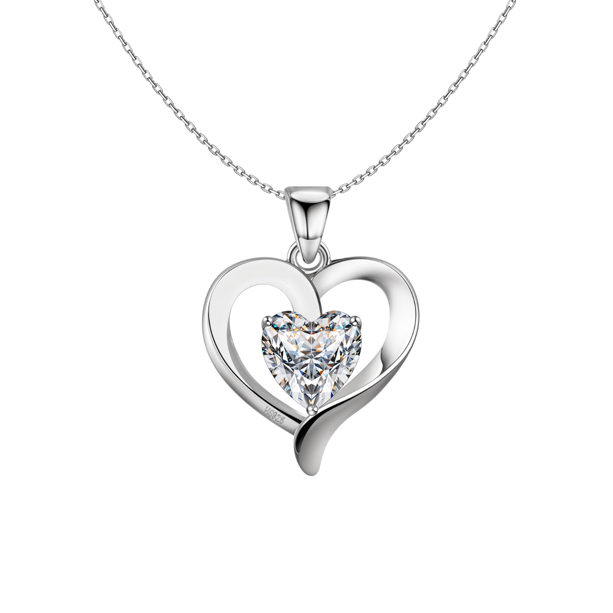 A sterling silver pendant necklace with an open heart frame holding a large, heart-shaped American diamond solitaire on a white background.