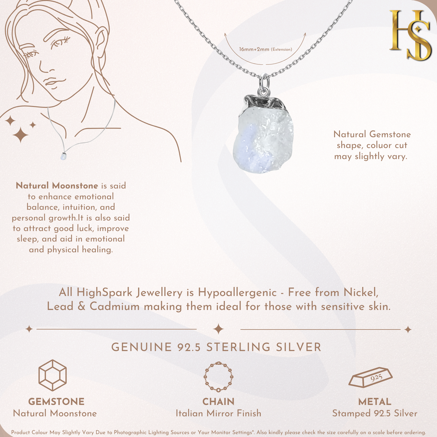 Natural Raw Gemstone Moonstone Rough Cut Pendant in 92.5 Sterling Silver