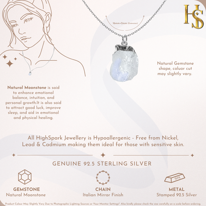 Natural Raw Gemstone Moonstone Rough Cut Pendant in 92.5 Sterling Silver