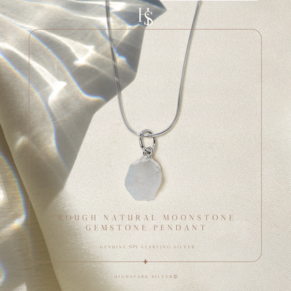 Natural Raw Gemstone Moonstone Rough Cut Pendant in 92.5 Sterling Silver