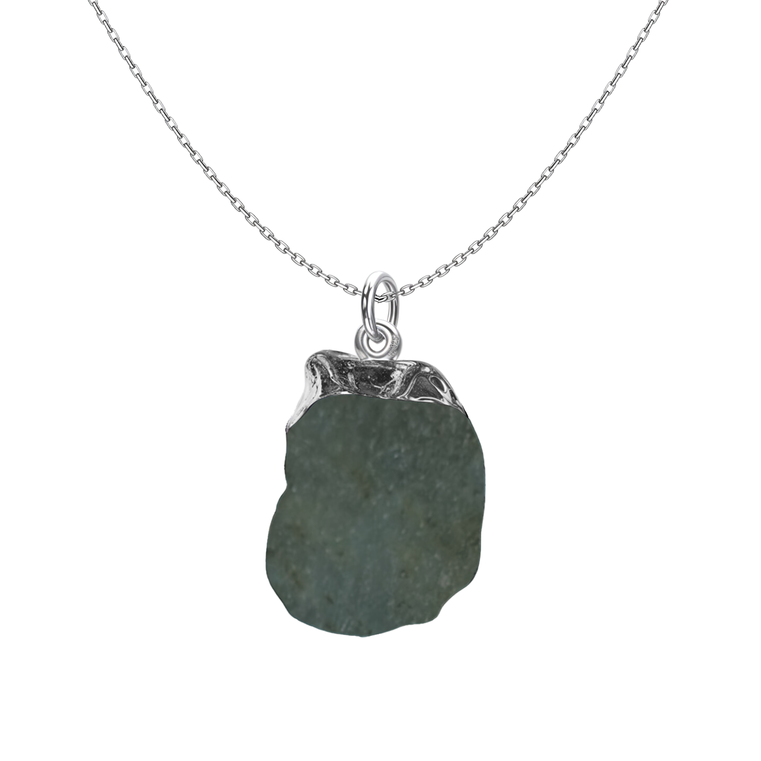 A pendant necklace with an organic, raw-cut labradorite gemstone in a sterling silver setting on a plain white background.