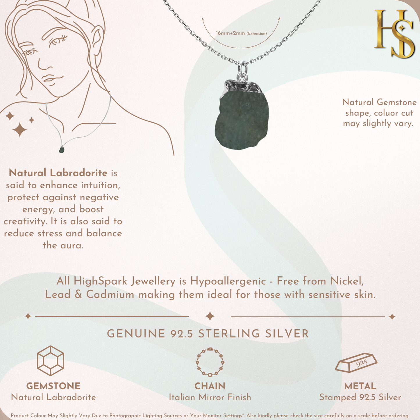 Natural Raw Gemstone Labradorite Rough Cut Pendant in 92.5 Sterling Silver