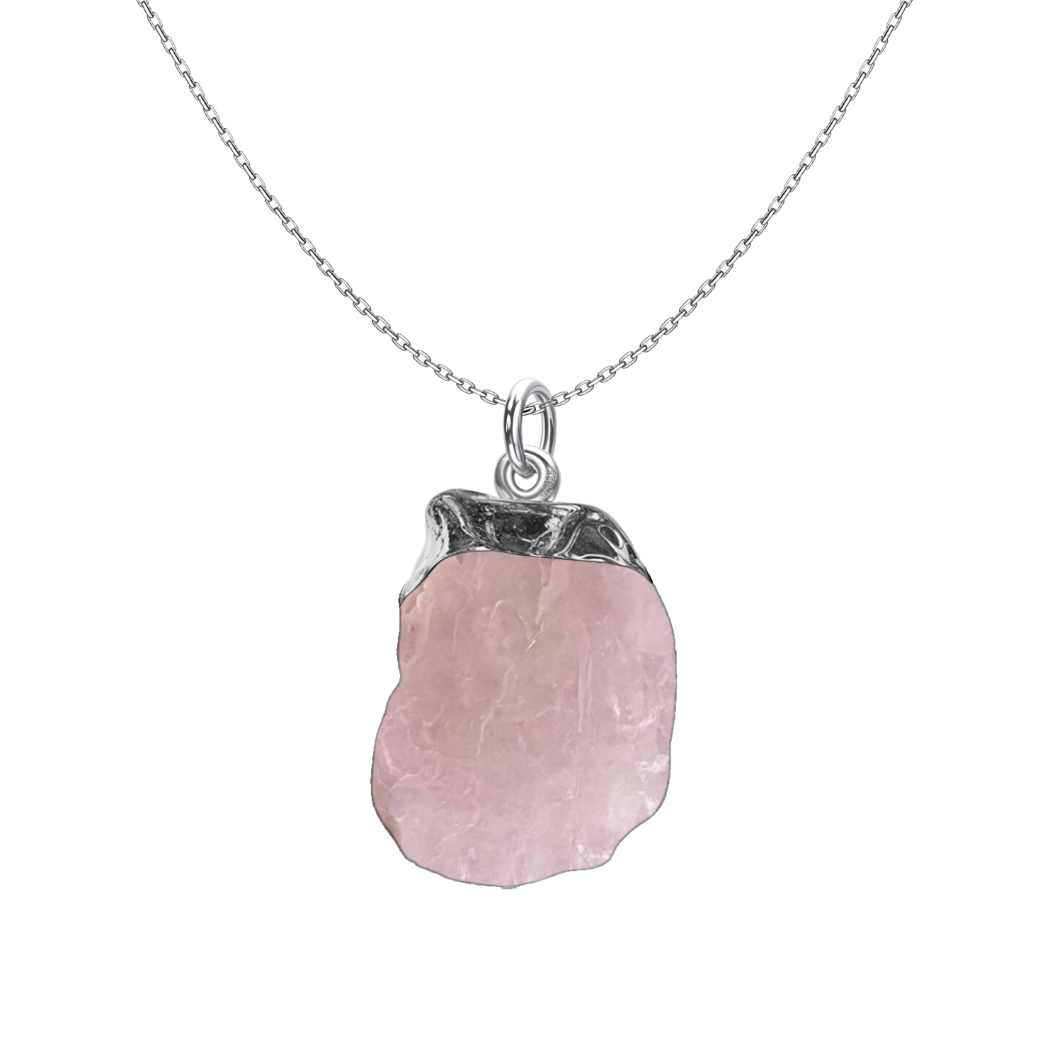 A pendant necklace with a raw, rough-cut rose quartz gemstone in a sterling silver setting on a plain white background.