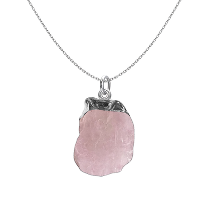 Natural Raw Gemstone Rose Quartz Rough Cut Pendant in 92.5 Sterling Silver
