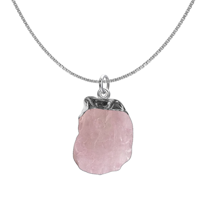 Natural Raw Gemstone Rose Quartz Rough Cut Pendant in 92.5 Sterling Silver