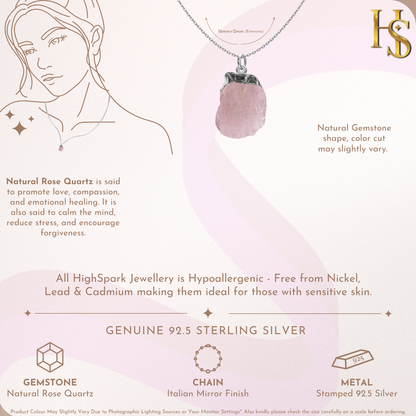Natural Raw Gemstone Rose Quartz Rough Cut Pendant in 92.5 Sterling Silver