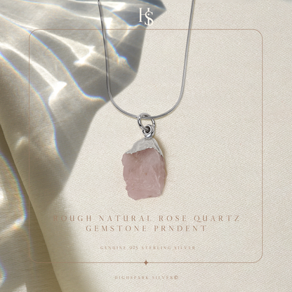 Natural Raw Gemstone Rose Quartz Rough Cut Pendant in 92.5 Sterling Silver