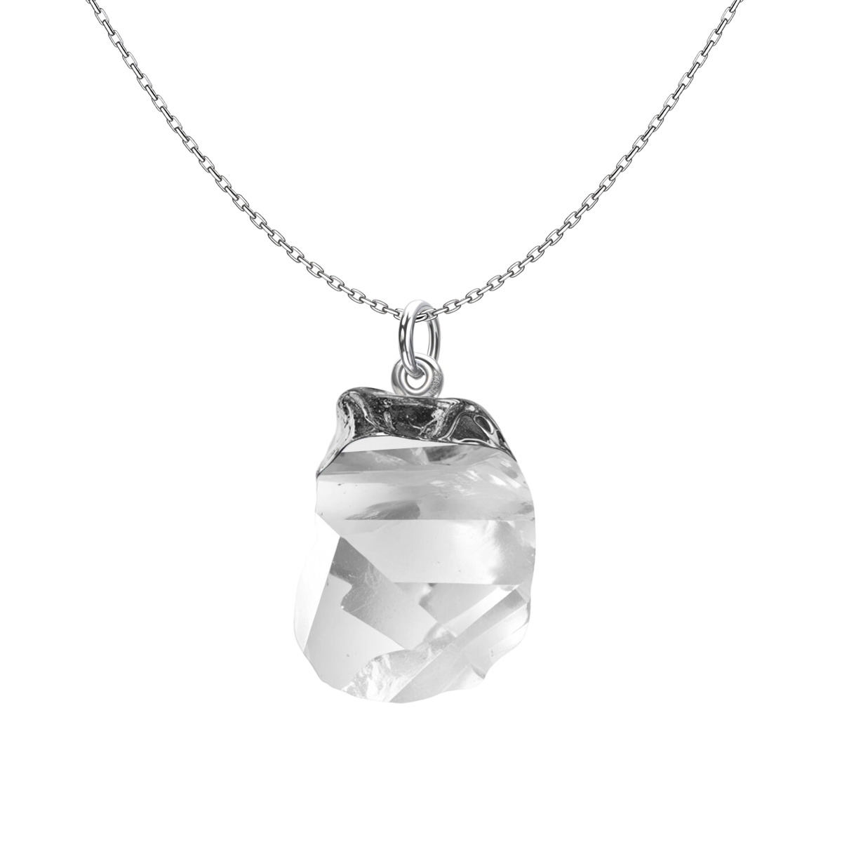 A pendant necklace with a rough-cut, natural clear quartz gemstone in a sterling silver setting on a plain white background.