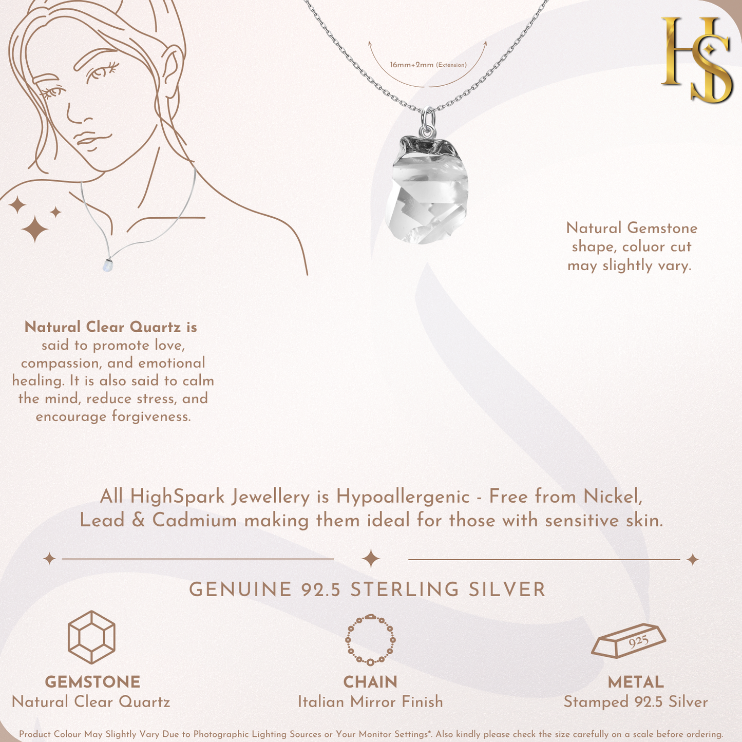 Natural Raw Gemstone Clear Quartz Rough Cut Pendant in 92.5 Sterling Silver