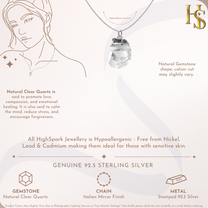 Natural Raw Gemstone Clear Quartz Rough Cut Pendant in 92.5 Sterling Silver