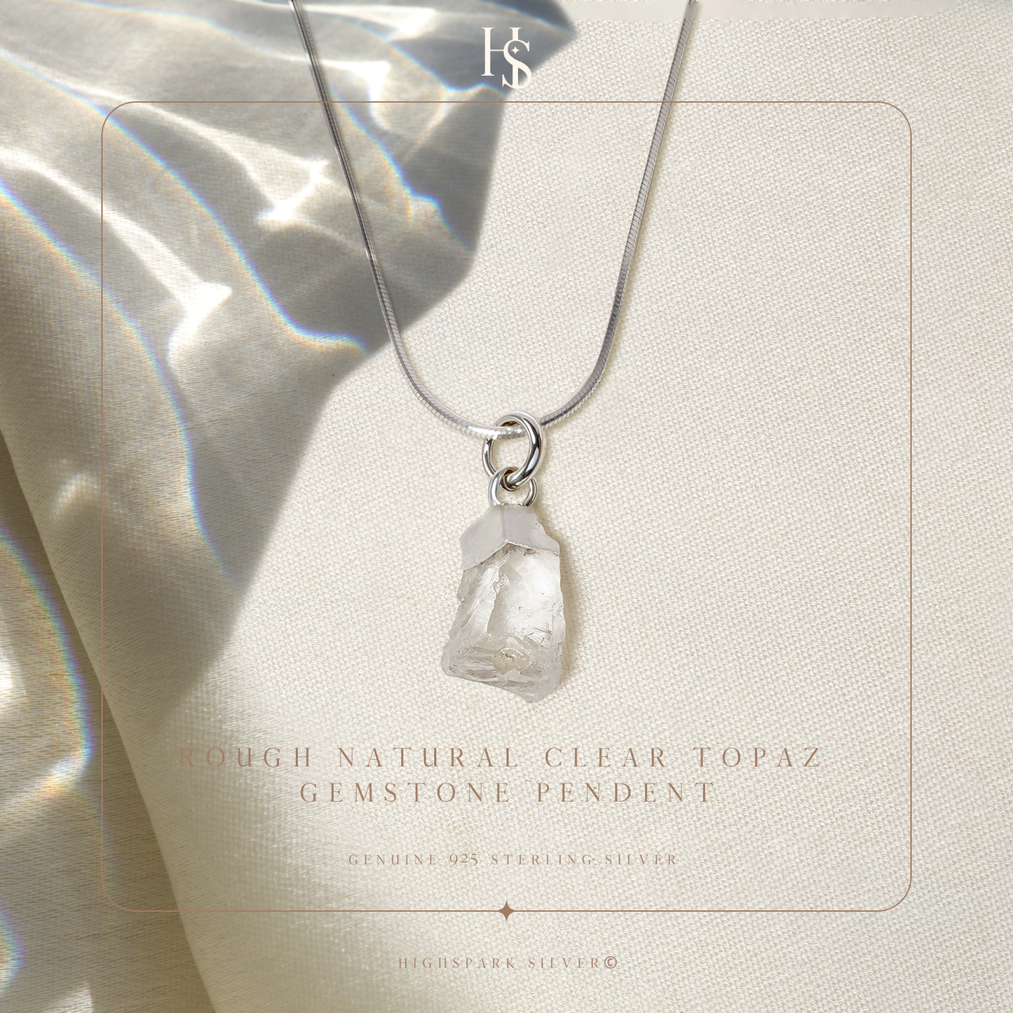 Natural Raw Gemstone Clear Quartz Rough Cut Pendant in 92.5 Sterling Silver