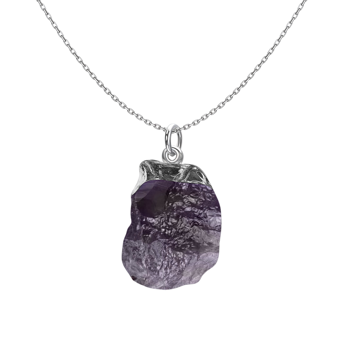 A pendant necklace with a natural, rough-cut purple amethyst gemstone in a sterling silver setting on a plain white background.