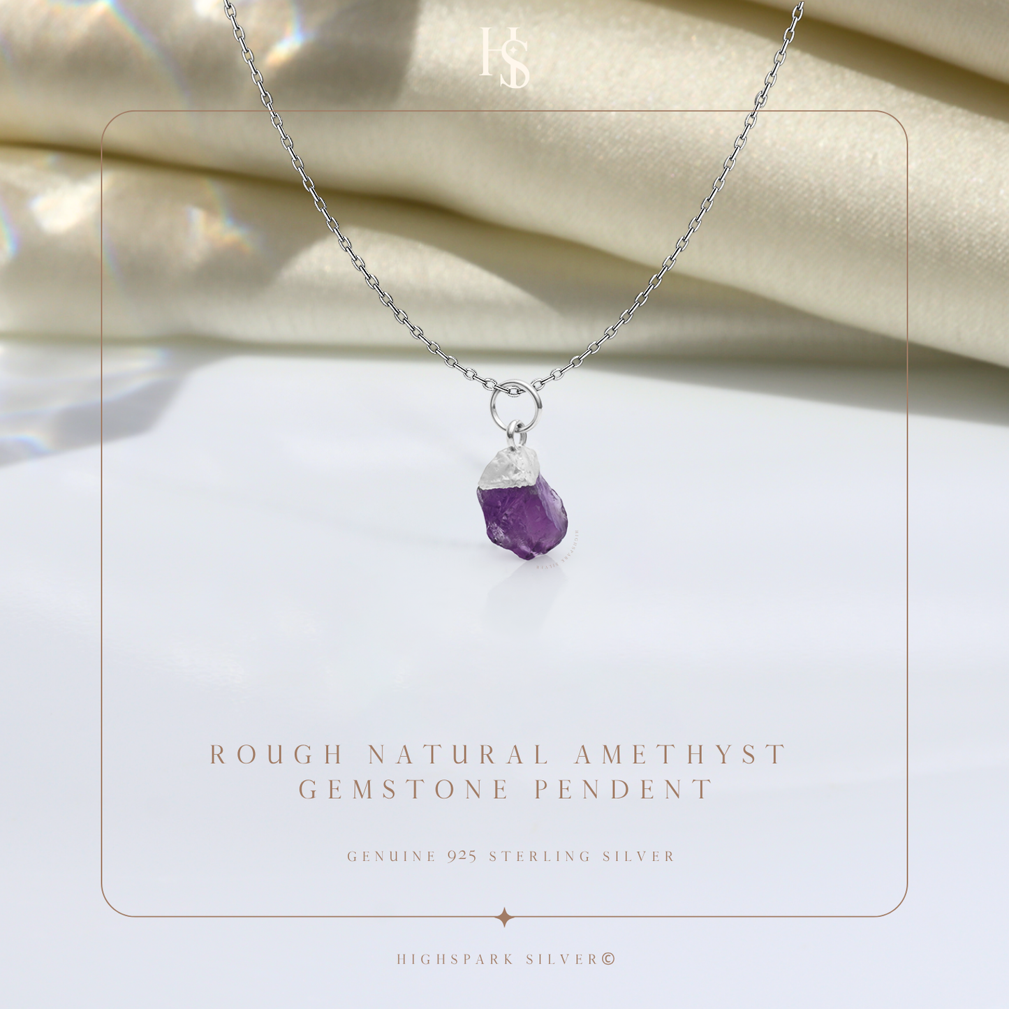 Natural Raw Gemstone Amethyst Rough Cut Pendant in 92.5 Sterling Silver
