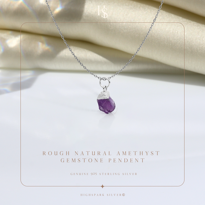 Natural Raw Gemstone Amethyst Rough Cut Pendant in 92.5 Sterling Silver
