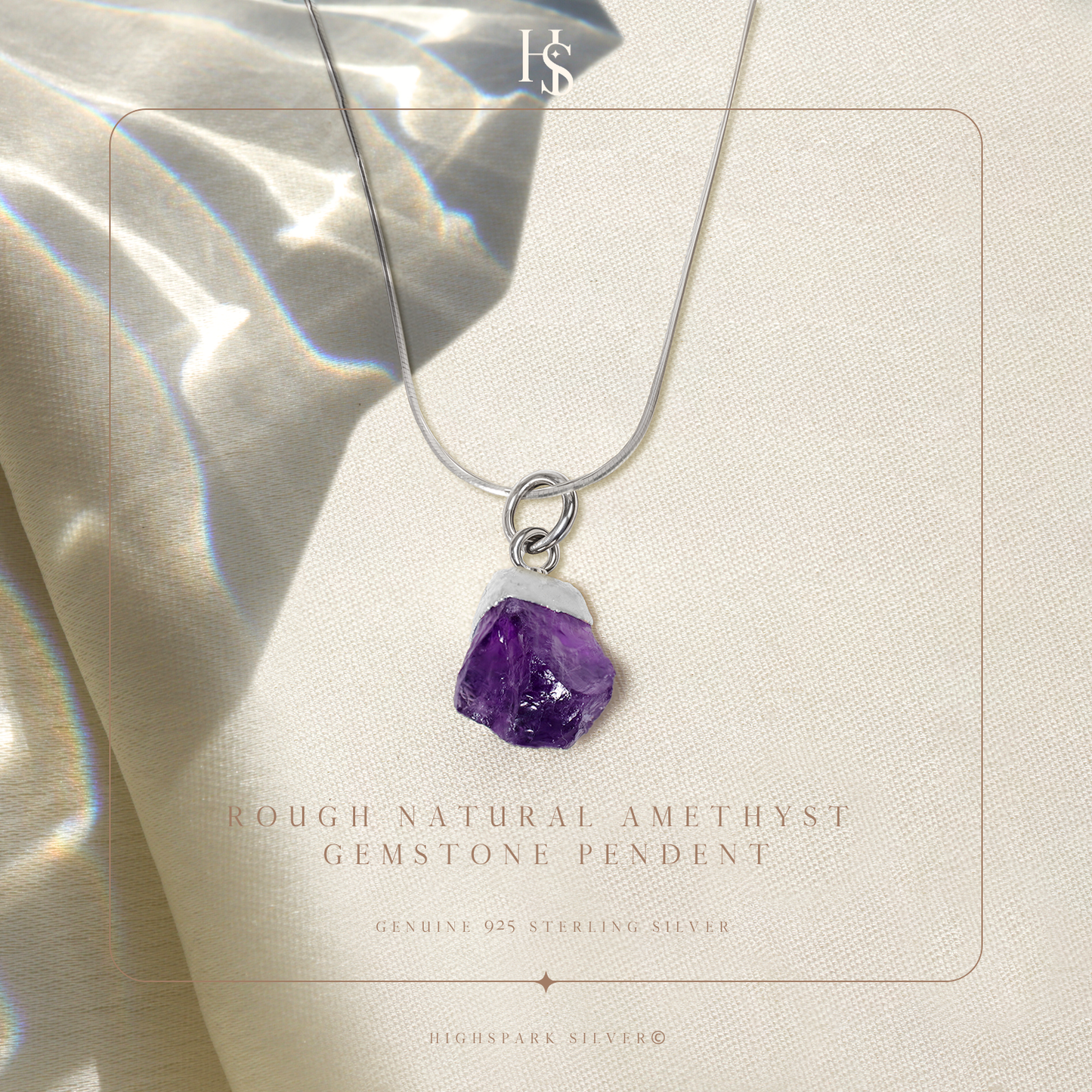 Natural Raw Gemstone Amethyst Rough Cut Pendant in 92.5 Sterling Silver