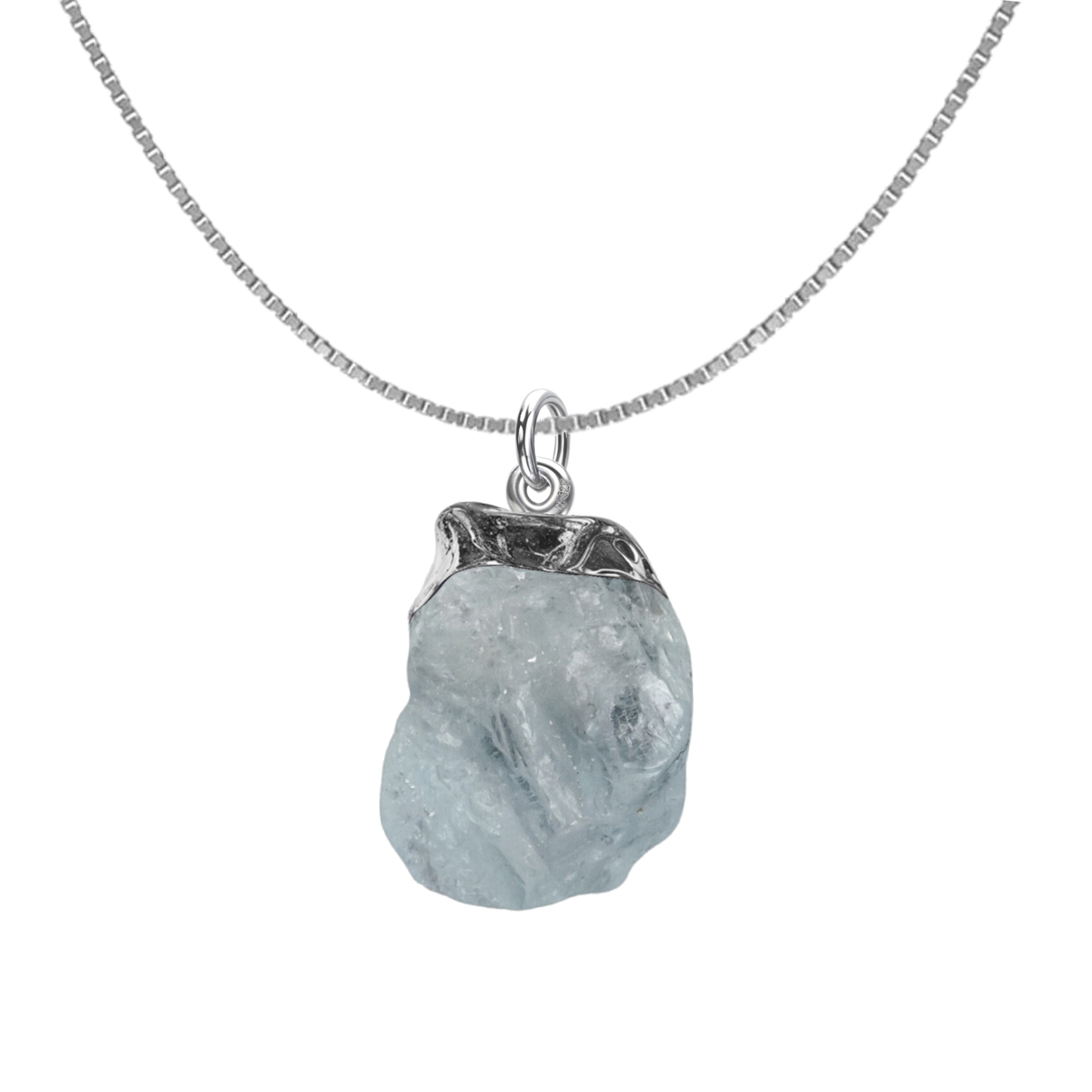 Natural Raw Gemstone Aquamarine Rough Cut Pendant in 92.5 Sterling Silver