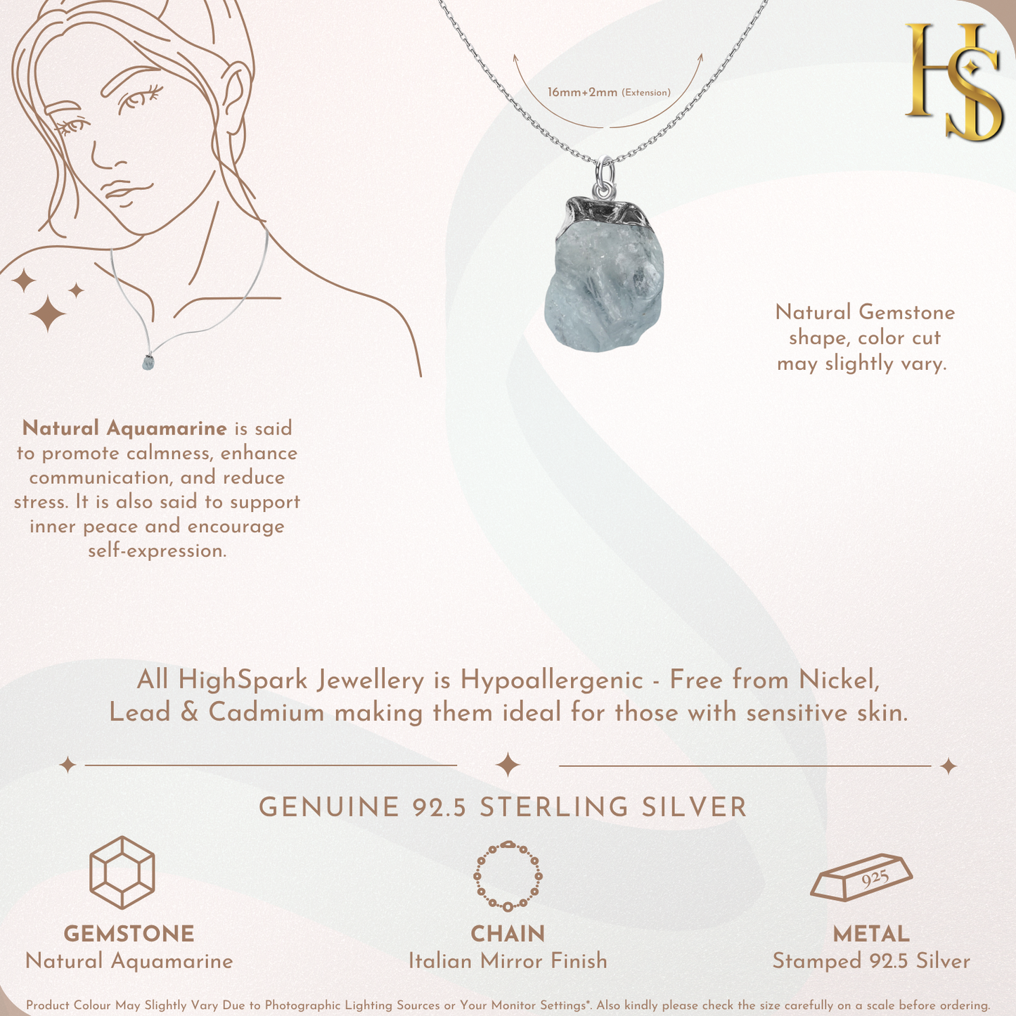 Natural Raw Gemstone Aquamarine Rough Cut Pendant in 92.5 Sterling Silver