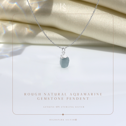 Natural Raw Gemstone Aquamarine Rough Cut Pendant in 92.5 Sterling Silver