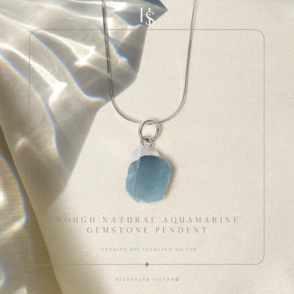 Natural Raw Gemstone Aquamarine Rough Cut Pendant in 92.5 Sterling Silver