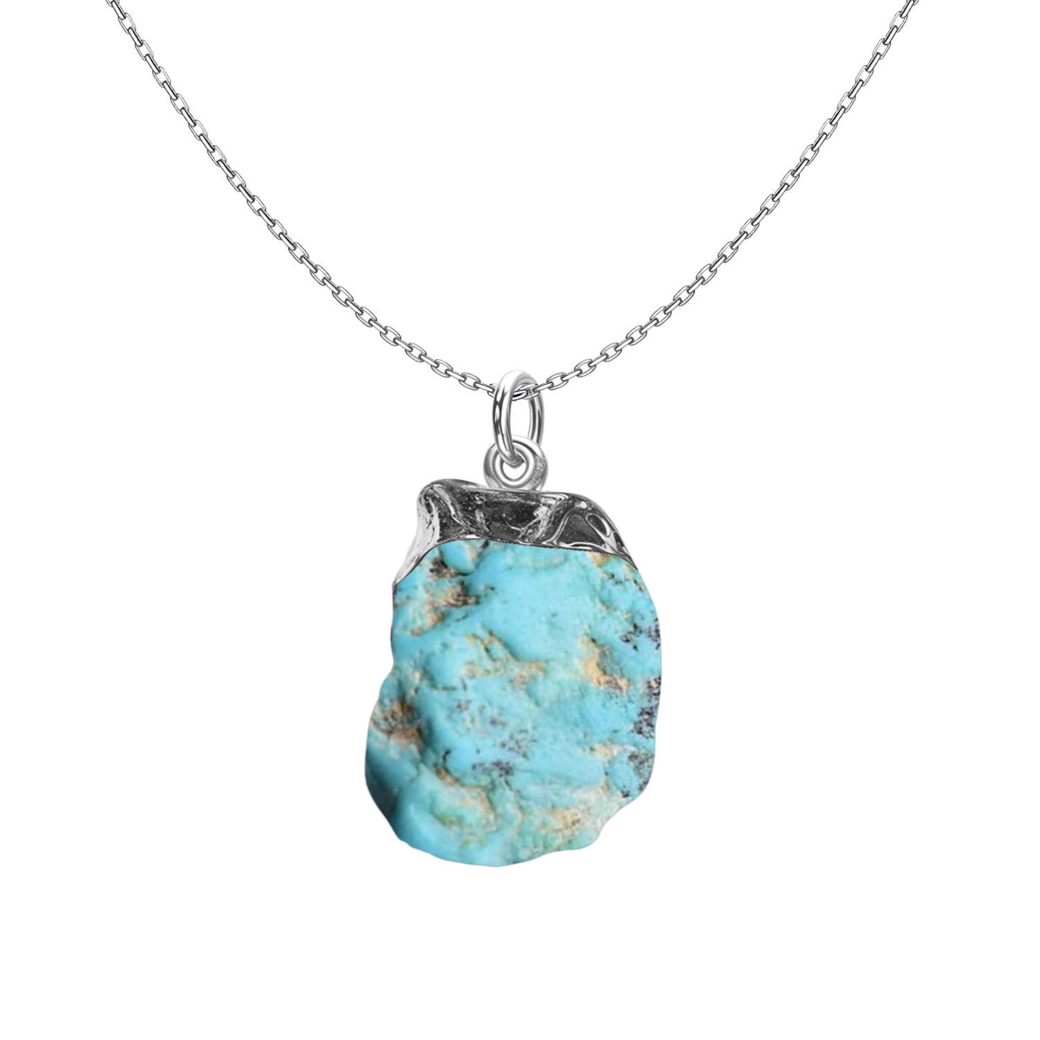 A pendant necklace with a raw, rough-cut turquoise gemstone in a sterling silver cap setting on a plain white background.