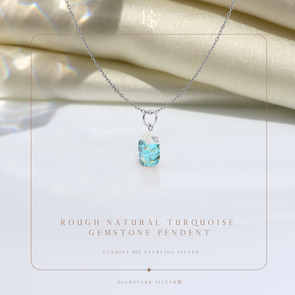Natural Raw Gemstone Turquoise Rough Cut Pendant in 92.5 Sterling Silver