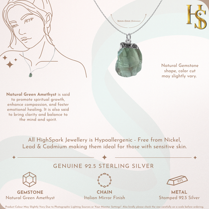Natural Raw Gemstone Green Amethyst Rough Cut Pendant in 92.5 Sterling Silver