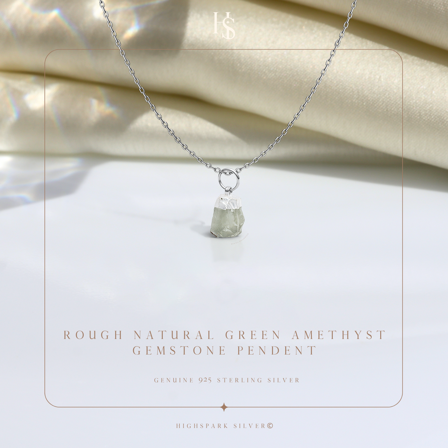 Natural Raw Gemstone Green Amethyst Rough Cut Pendant in 92.5 Sterling Silver