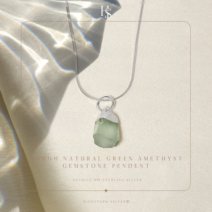 Natural Raw Gemstone Green Amethyst Rough Cut Pendant in 92.5 Sterling Silver