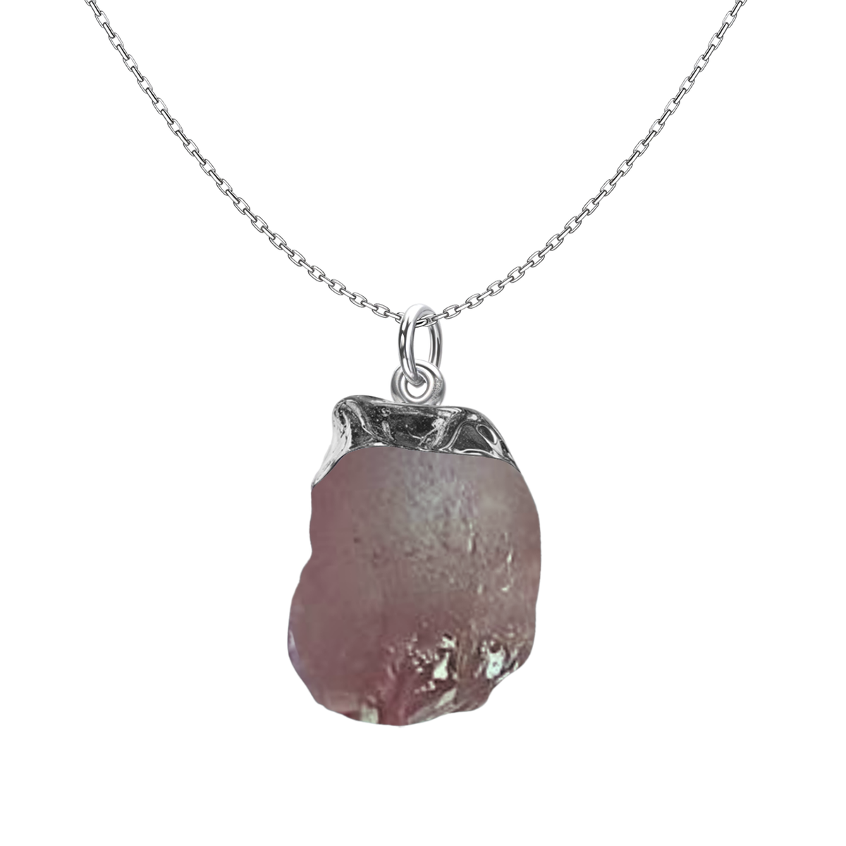 A pendant necklace with a raw-cut, irregular strawberry quartz gemstone in a sterling silver cap setting on a plain white background.