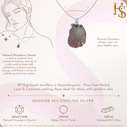 Natural Raw Gemstone Strawberry Quartz Rough Cut Pendant in 92.5 Sterling Silver