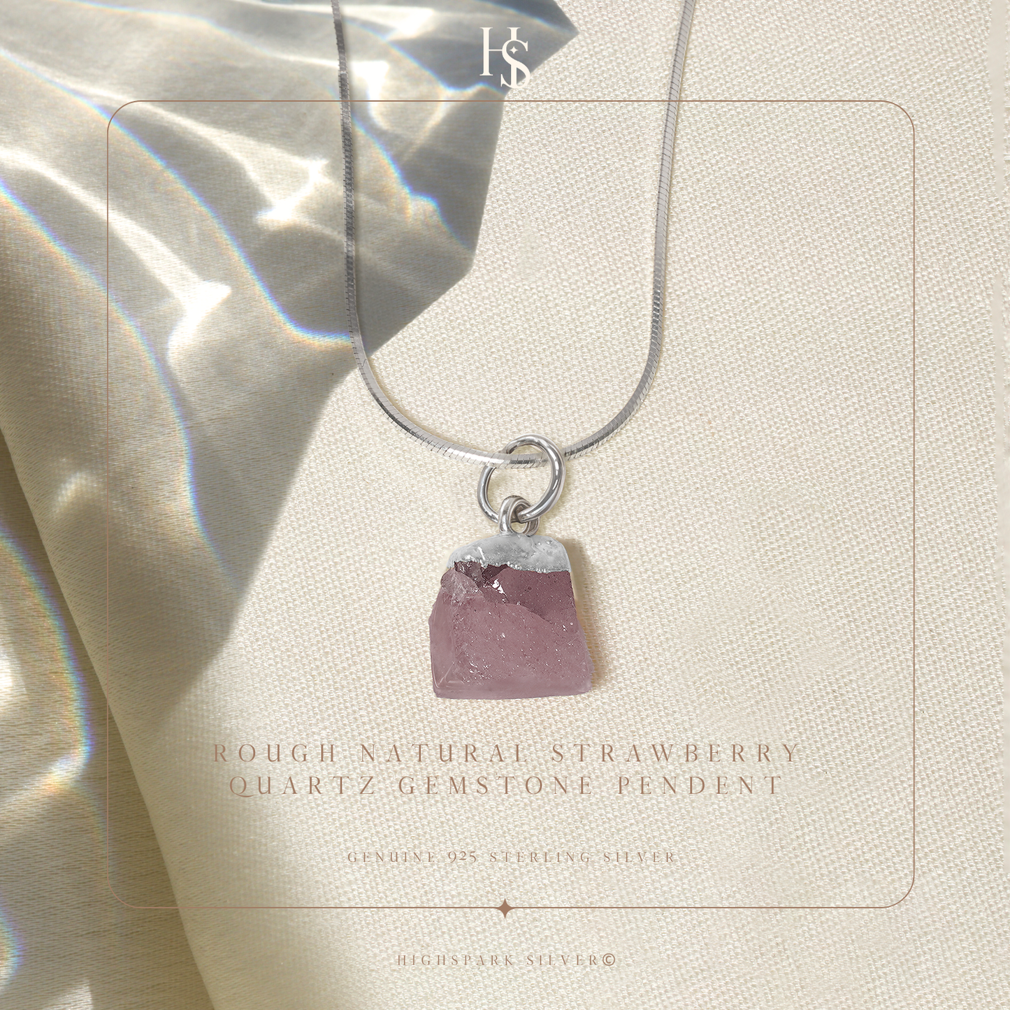 Natural Raw Gemstone Strawberry Quartz Rough Cut Pendant in 92.5 Sterling Silver