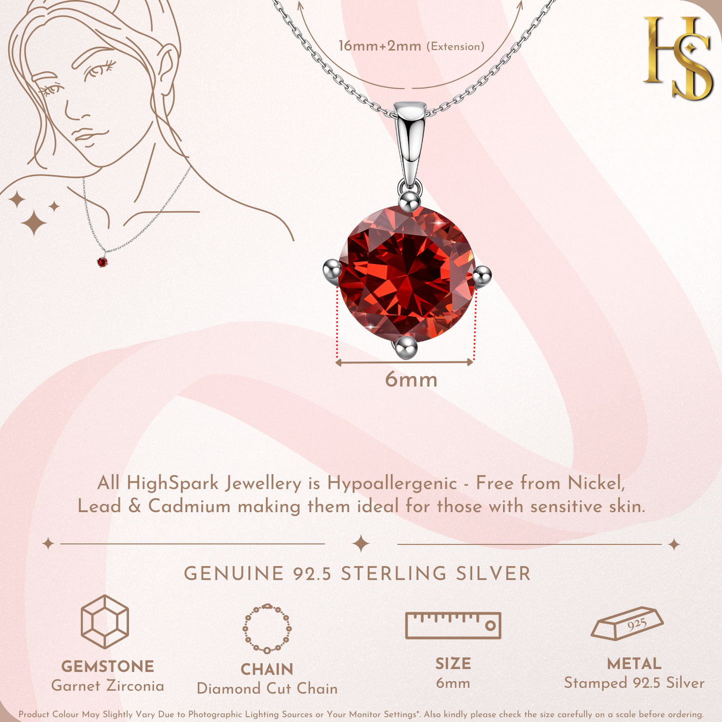 Garnet Zirconia Birthstone Pendant With Chain in 925 Sterling Silver For Women