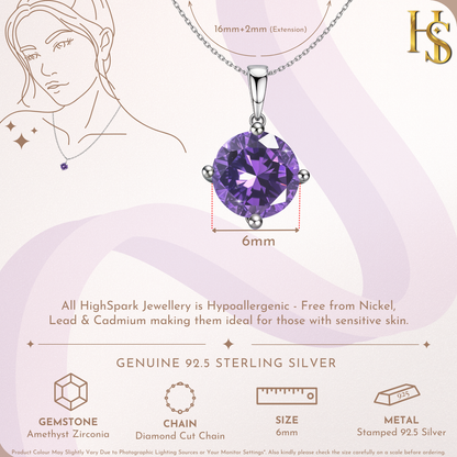 Amethyst Zirconia Birthstone Pendant With Chain in 925 Sterling Silver For Women