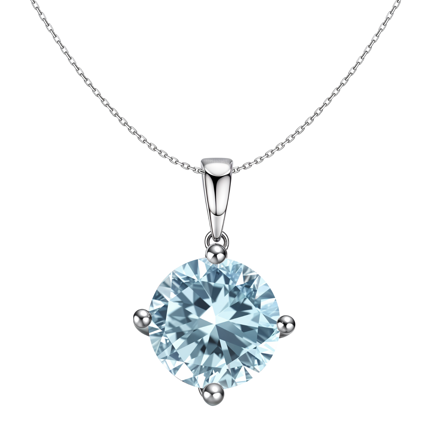 A sterling silver pendant necklace with a large, round aquamarine-colored stone held in a four-prong setting on a plain white background.