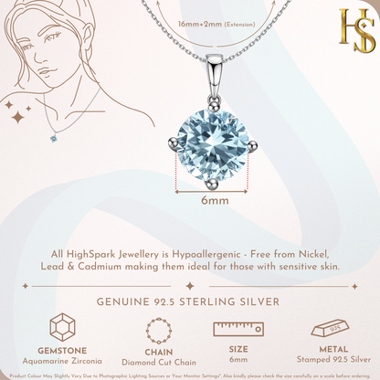 Aquamarine Zirconia Birthstone Pendant With Chain in 925 Sterling Silver For Women