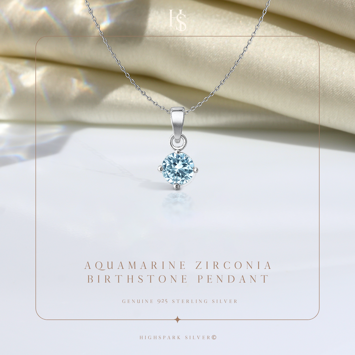 Aquamarine Zirconia Birthstone Pendant With Chain in 925 Sterling Silver For Women