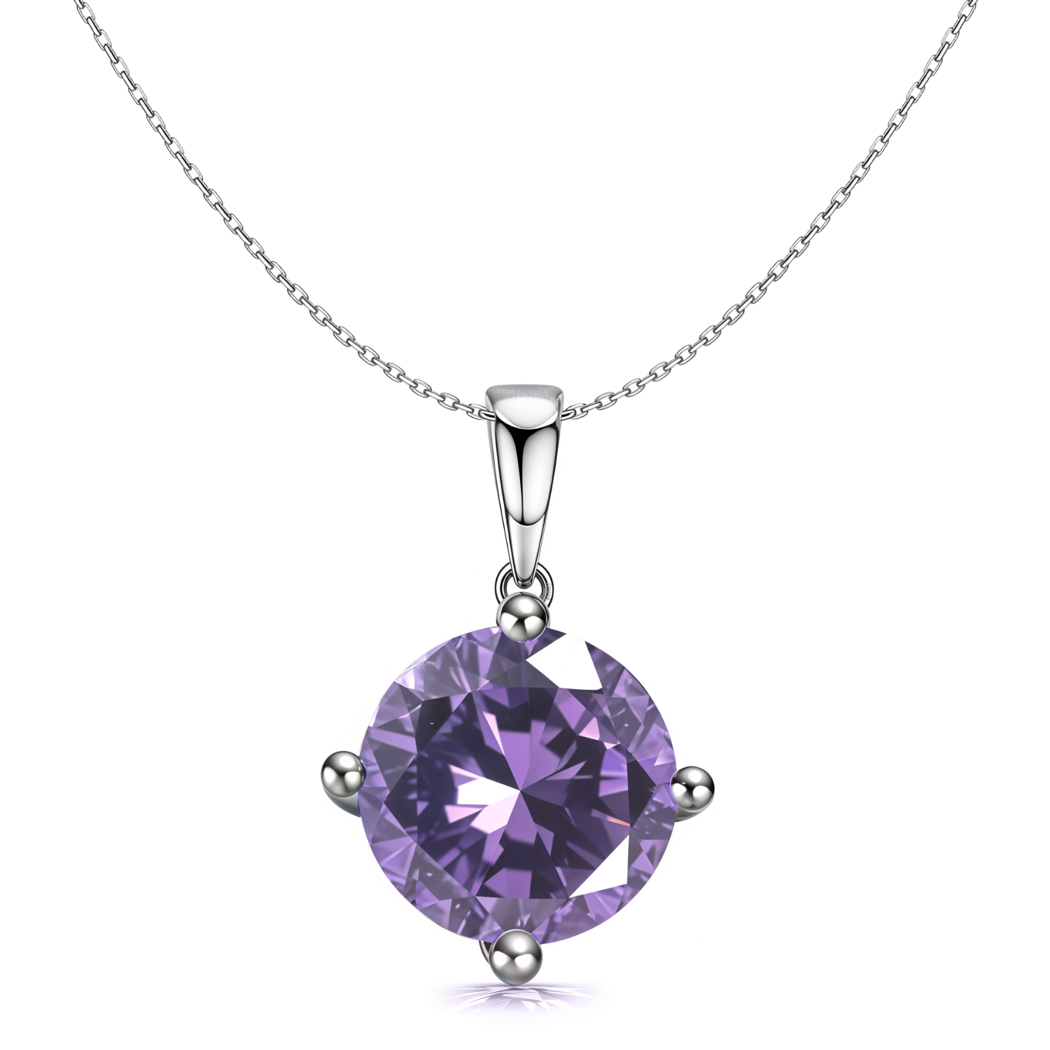 A sterling silver pendant necklace with a round, faceted alexandrite-coloured American diamond in a four-prong setting on a plain white.