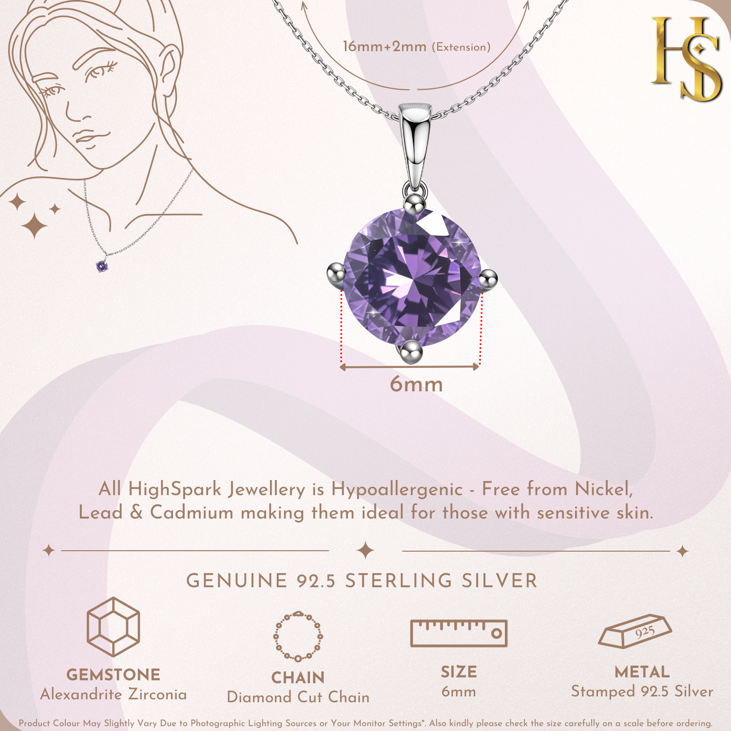 Alexandrite Zirconia Birthstone Pendant With Chain in 925 Sterling Silver For Women